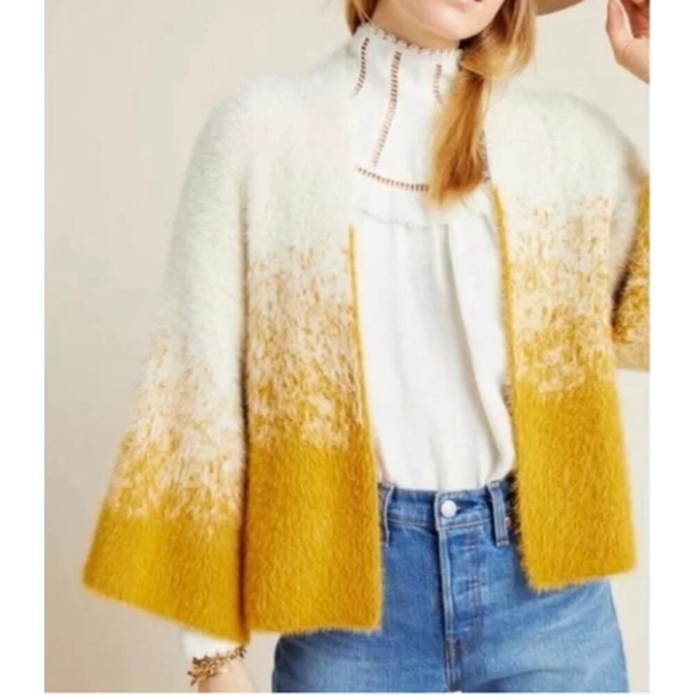 Anthropologie White and Mustard Ombre Fuzzy Open Cardigan